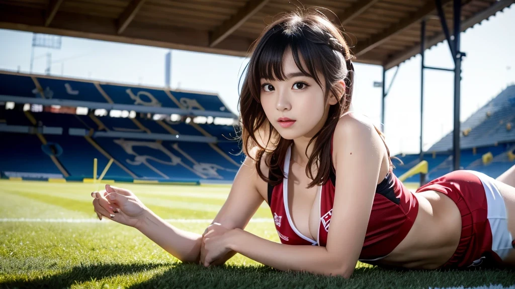 (8K, RAW Photos, Highest quality, masterpiece: 1.2), masterpiece, Super Detail, Ultra-high resolution energy A, (Realistic and photorealistic photography: 1.37), High-resolution RAW color photos, Very delicate and beautiful., About Igree, 8K Wallpaper, Amazing, detailed, 非常にdetailedな目, 非常にdetailedな皮膚, 非常にdetailedな指, 非常にdetailedな鼻, 非常にdetailedな口, Perfect Anatomy,One girl, (Soccer uniforms), Blurred, Blurred Background, Blurred foreground, blush, Braiding, Pectoral muscle, Depth of written boundary, Eyebrows visible through hair, Frilled, Hair between the eyes, Football Stadium、 soccer ball、Navel-baring look、The cleavage appears larger、goal、short hair, alone, huge 、Nogizaka Idol、Japanese Idol、Gravure idol pose、 star、18-year-old、expensive、Korean Idol、Nogizaka Idol、 star、Gravure idol pose、((Esbian all over)),