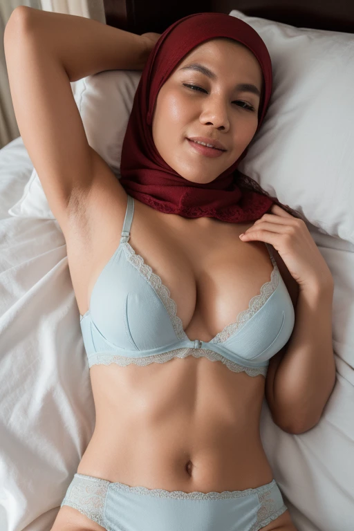 matured malay woman in hijab wear red lace bra and panties sleeping in bed portrait photography, lying in bed naked, mid shot photo, ultra detail, professional photograph with professional lighting, smile, light blue bed, bedroom, sexy seducing sleep pose, slim,