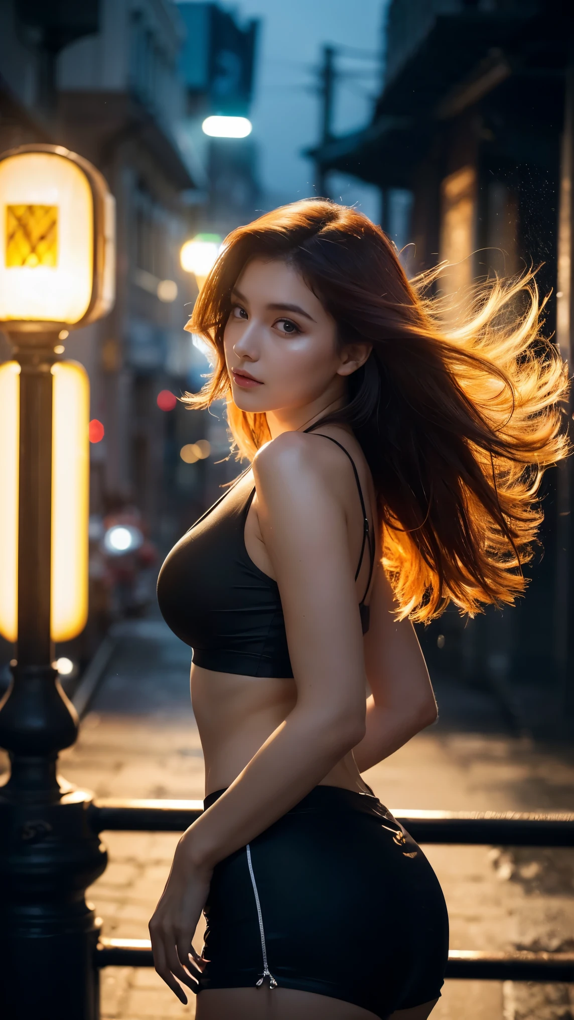 1 girl,standing alone,long red hair,rough skin,(gazing at viewer:1.2),hair wet,micro_shorts,tenebrosa,Polaróioff,(profundidaoff_off_fild:1.5),rainy days,plein-air,Street,hair between the eyes,moody lighting,Tyndall effect,cinematic lighting,natta,poste off iluminação,reflexo off lente,available light,luz off aro,Luzes off néon brilhantes,curved,Chinese_styled,