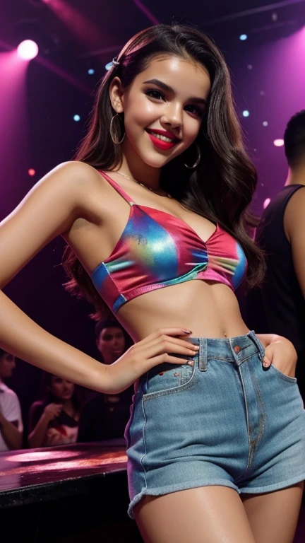 Lilimar Hernandez dressed in very short clothes in a club with painted lips and smiling