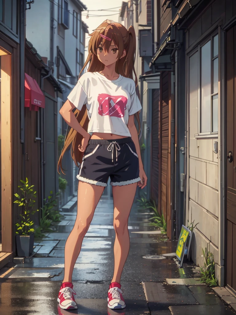 Girl, thong ,t-shirt, Bare breasts, chest visible, street background, Narrow passage between houses, night, rain, slim body, In full growth, Sneakers , small breast, Stands with his back