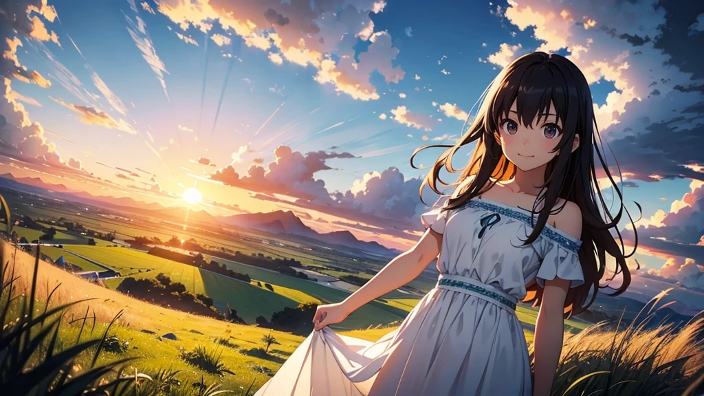 Vast landscape photography、grassland、(View from below、Shows the sky above and below)、High resolution、Highest quality、Very detailed、makoto shinkai、sunset、Girl in white dress looking sideways、smile、College student with long brown hair、Lens blur