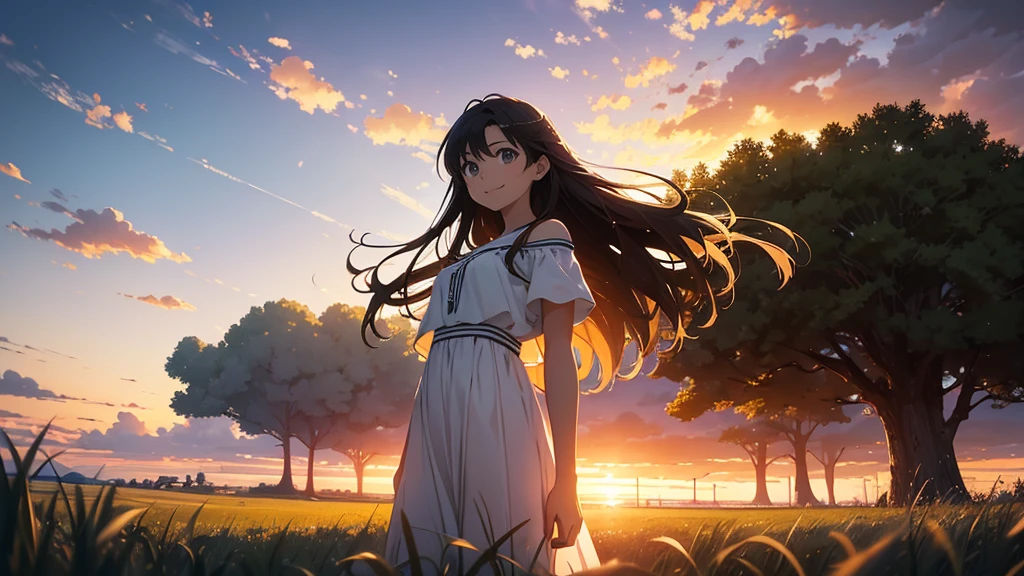 Vast landscape photography、grassland、(View from below、Shows the sky above and below)、High resolution、Highest quality、Very detailed、makoto shinkai、sunset、Girl in white dress looking sideways、smile、College student with long brown hair、Lens blur