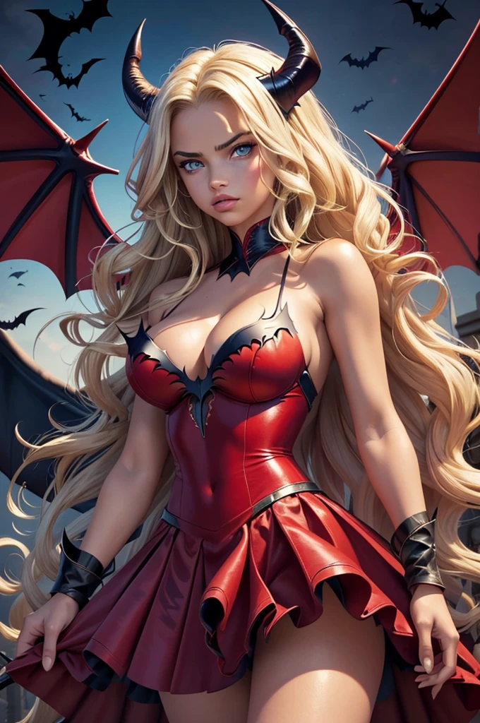16 year old Adriana Lima, ultra detailed face, ultra detailed blue eyes, long blonde wavy messy hair, demon, horns, (red dress, skirt), (((masterpiece, large bat wings)))