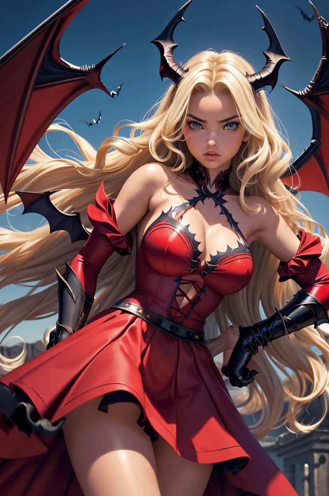 16 year old Adriana Lima, ultra detailed face, ultra detailed blue eyes, long blonde wavy messy hair, demon, horns, (red dress, skirt), (((masterpiece, large bat wings)))