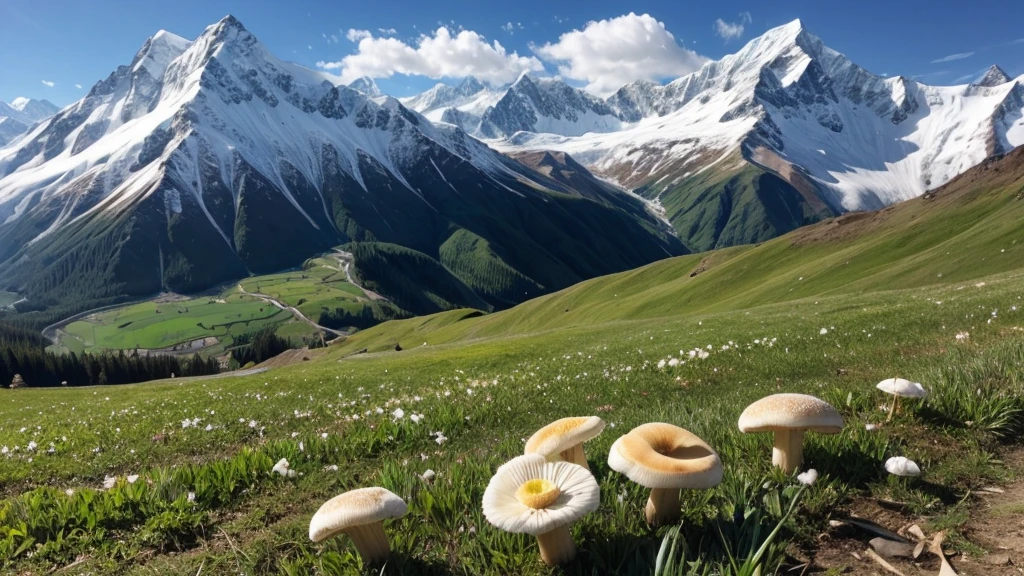 Background Meili Snow Mountain、Green grass under snowy mountains、Tibetan beauty holding freshly picked matsutake mushrooms