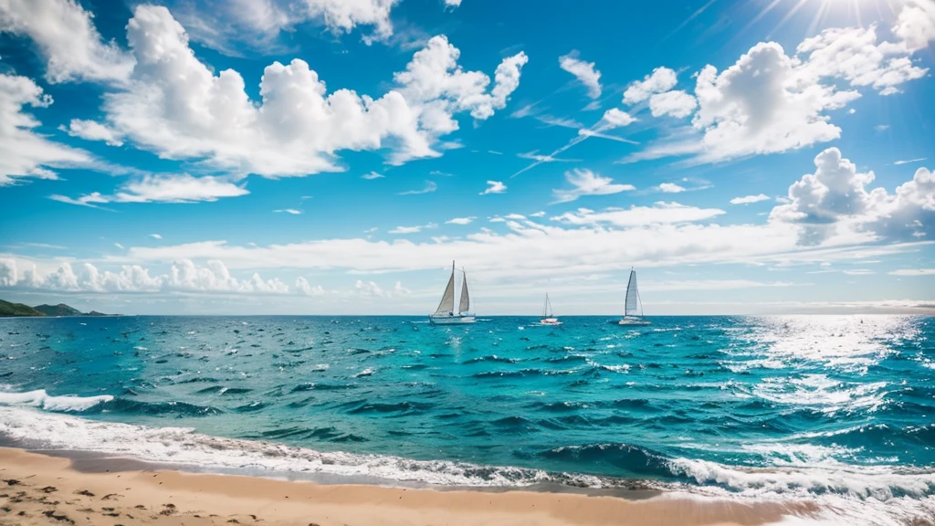 Blue sky,White Cloud,Sea,Sunlight,Beach,Seagull,sailboat,child