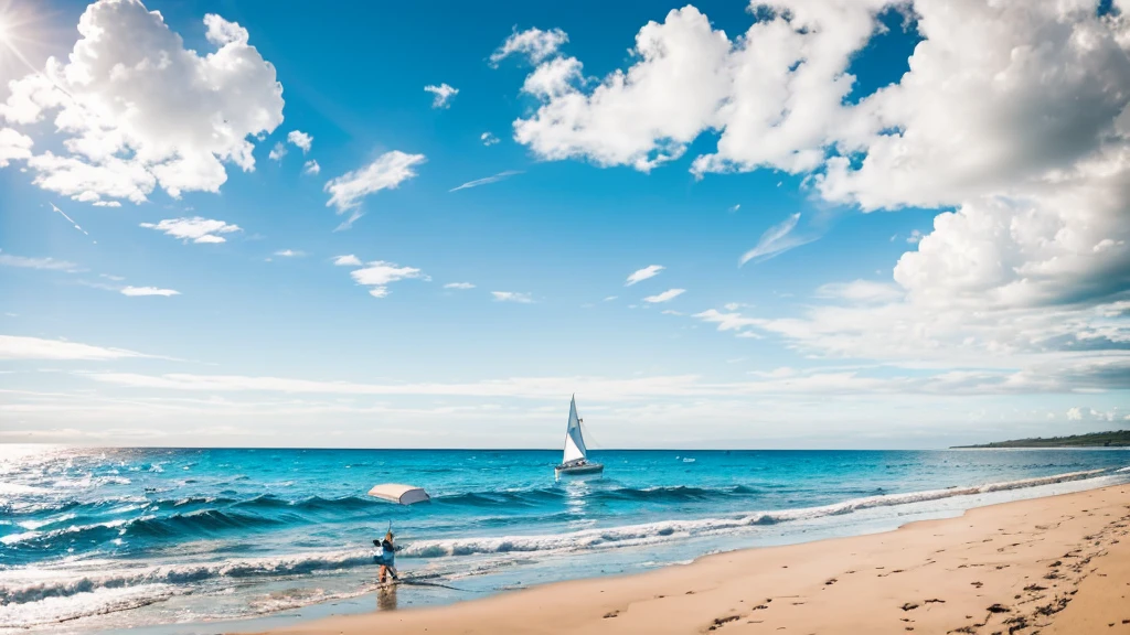 Blue sky，White Cloud，Sea，Sunlight，Beach，Seagull，sailboat，child