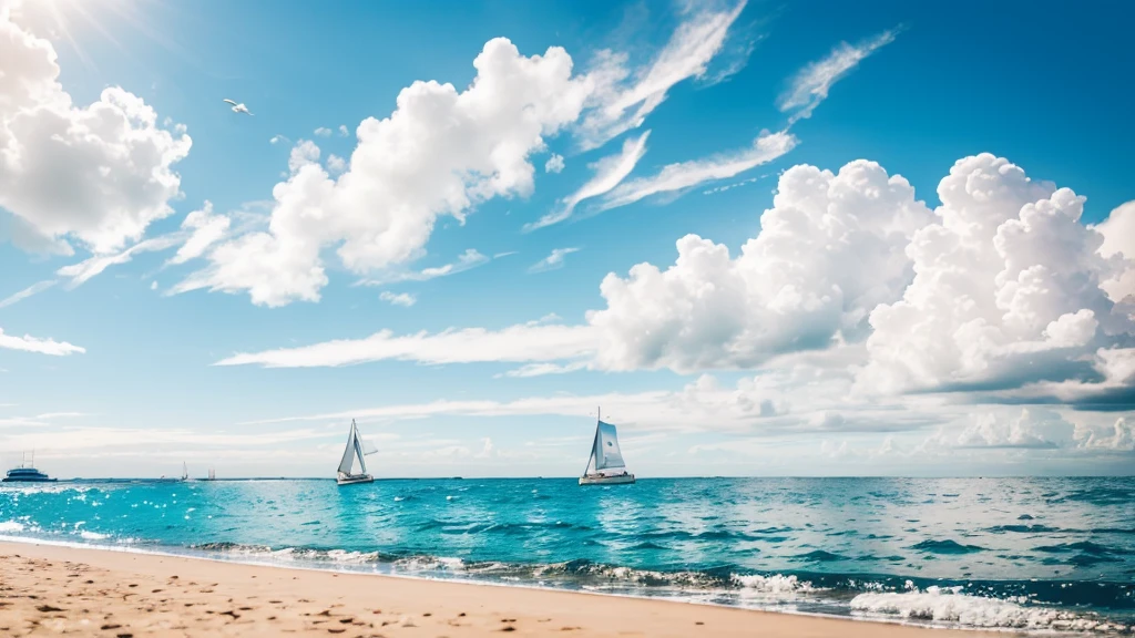 Blue sky，White Cloud，Sea，Sunlight，Beach，Seagull，sailboat，child