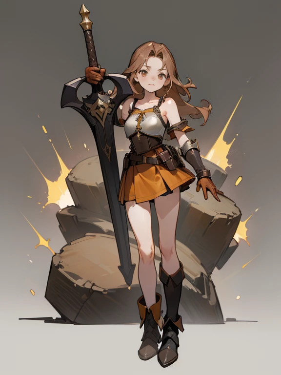 ((1 masterpiece, high resolution, best quality, 4k quality)), beautiful imagen, 1 girl, solo, adventurers, medium breasts, golden almond eyes, long brown hair, drill hair, hip bones, collarbone, skirt, school skirt, blouse, school blouse, ((leather armor)), leather gloves, asymmetrical gloves, leather boots, asymmetrical footwear, heeled boots, shoulder armor, ((single shoulder)), leather corsette, chest harness, open legs, full body, standing, emotion pose, simple background, gray background,
