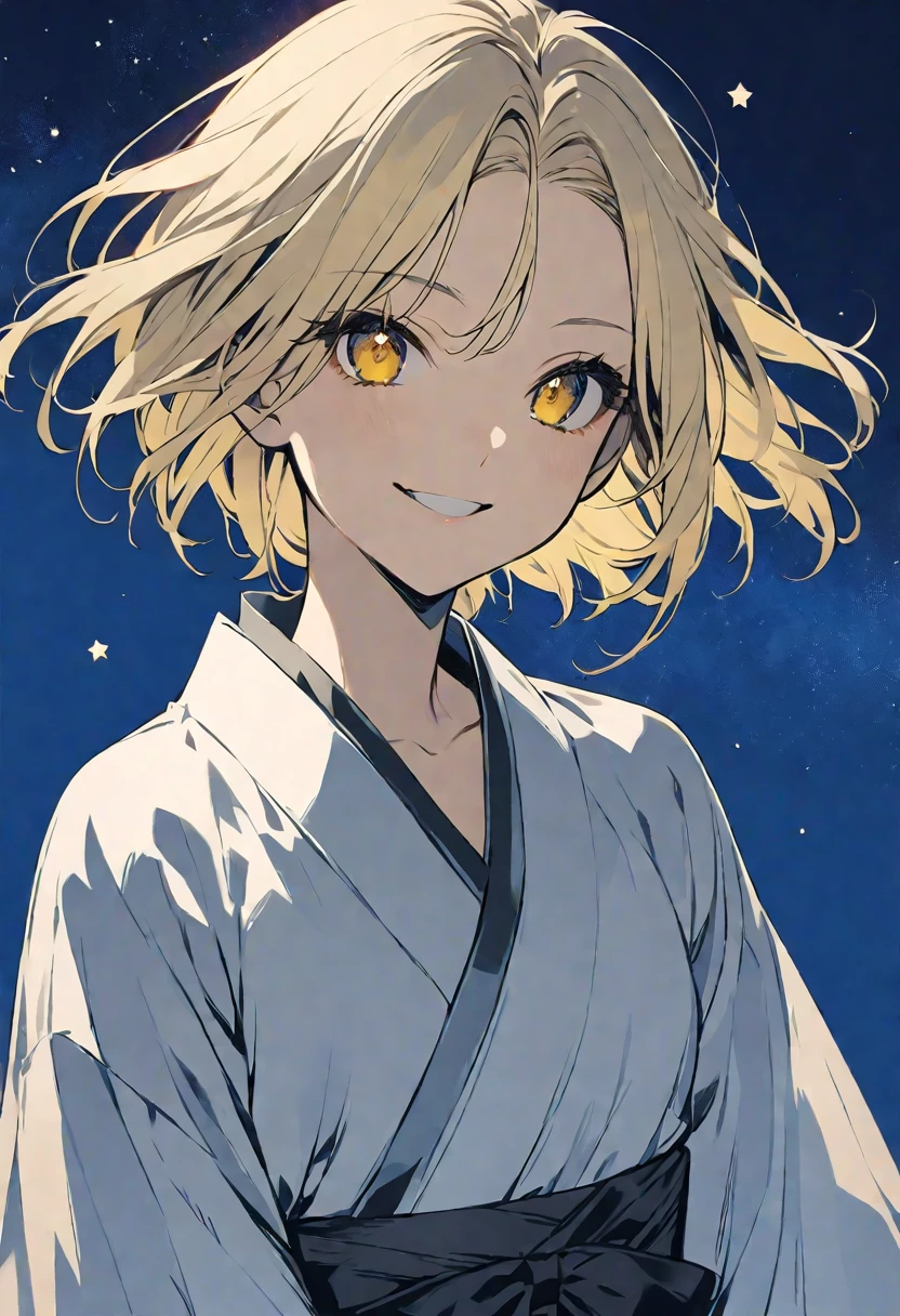 solo,handsome, monotone,
1. Female,
,Straight Hair,short Hair,, blonde hair, 
Kazuka Nakano ,
yellow eyes,Soft look,beautiful,beautiful,Lolita,Darkness,
smile,skin, yukata,
 ,Star,night sky,
simple background ,
Blue background,