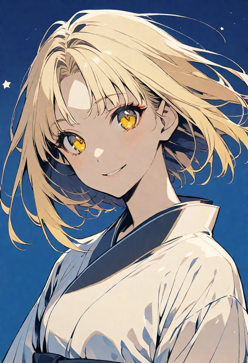 solo,handsome, monotone,
1. Female,
,Straight Hair,short Hair,, blonde hair,
Kazuka Nakano ,
yellow eyes,Soft look,beautiful,beautiful,Lolita,Darkness,
smile,skin, yukata,
,Star,night sky,
simple background ,
Blue background,
