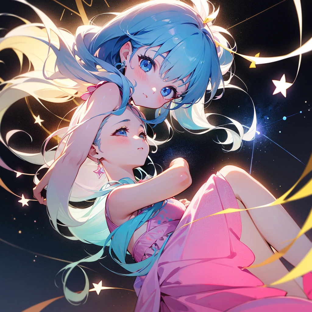 high resolution、Constellation motif、Gemini Girl、Two girls with the same face、light blue、Wearing a pink dress。Fantasy、beautiful、cute。Pop。