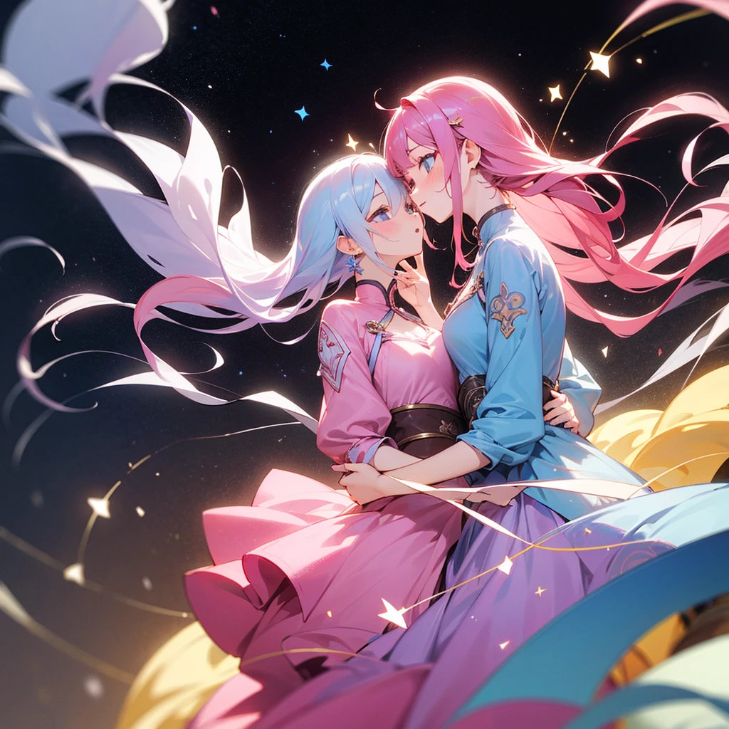 high resolution、Constellation motif、Gemini Girl、Two girls with the same face、light blue、Wearing a pink dress。Fantasy、beautiful、cute。Pop。