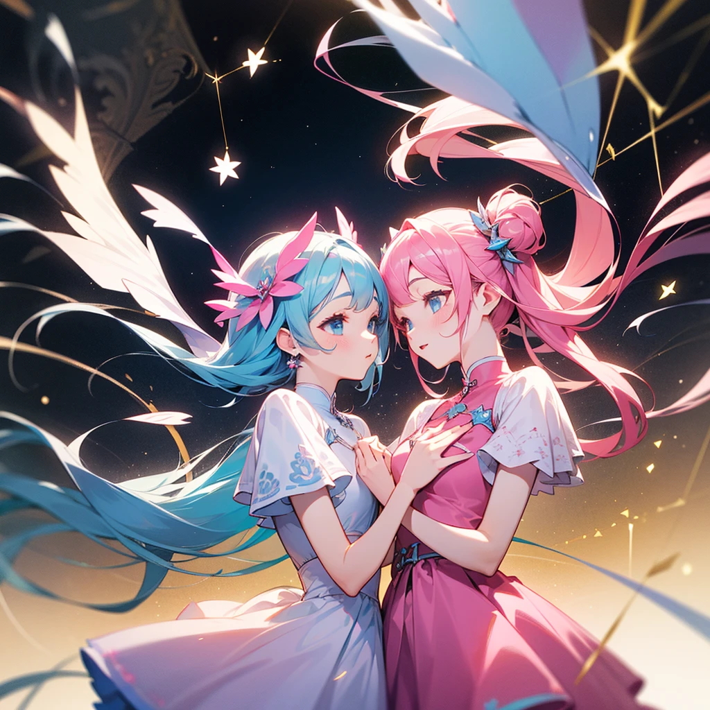 high resolution、Constellation motif、Gemini Girl、Two girls with the same face、light blue、Wearing a pink dress。Fantasy、beautiful、cute。Pop。