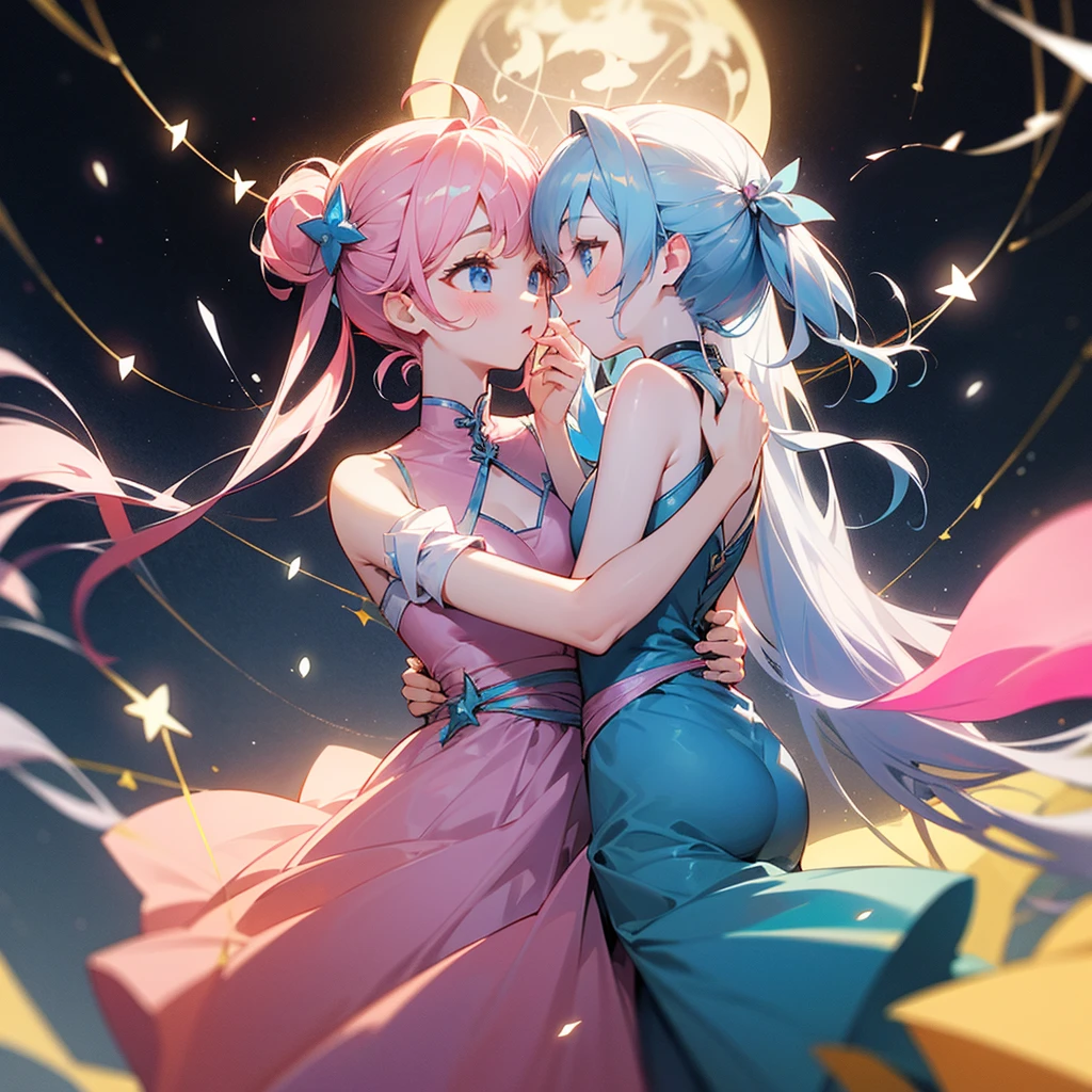 high resolution、Constellation motif、Gemini Girl、Two girls with the same face、light blue、Wearing a pink dress。Fantasy、beautiful、cute。Pop。