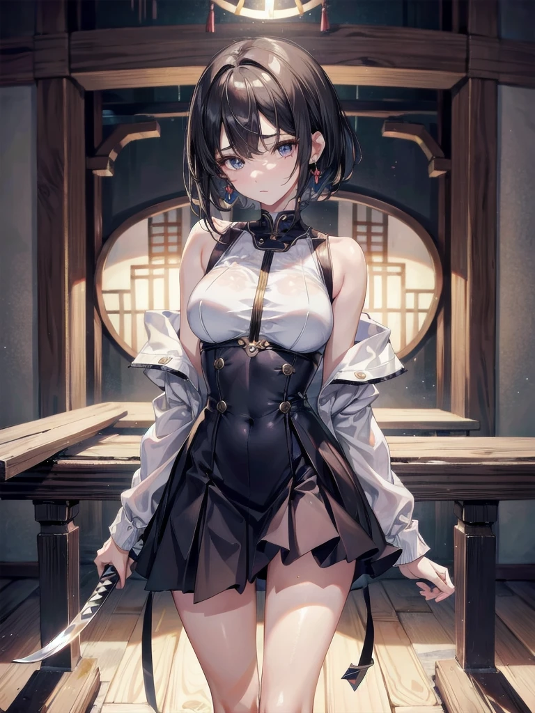 absurdres, RAW photo, extremely delicate and beautiful, masterpiece, Best Quality, ultra high resolution, 32k, hyperrealistic, ultra-detailed, perfect anatomy, super Detailed skin, perfect figure, Super Beauty, Perfect Style, Perfect balance, in her 20s, very Slim body, narrow waist, very small head, very small face, delicate facial features, tearful mole, earring, very huge round breasts, bare legs, medium hair, whole body shot, blouse, short skirt, (holding two katanas), (Mechanical Temple), indoor,