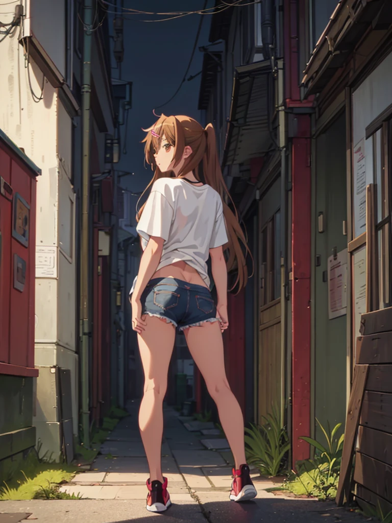 Girl, thong ,t-shirt, Bare breasts, chest visible, street  background, Narrow passage between houses, night, rain, slim body, In full growth, Sneakers , small breast, Stands with his back 