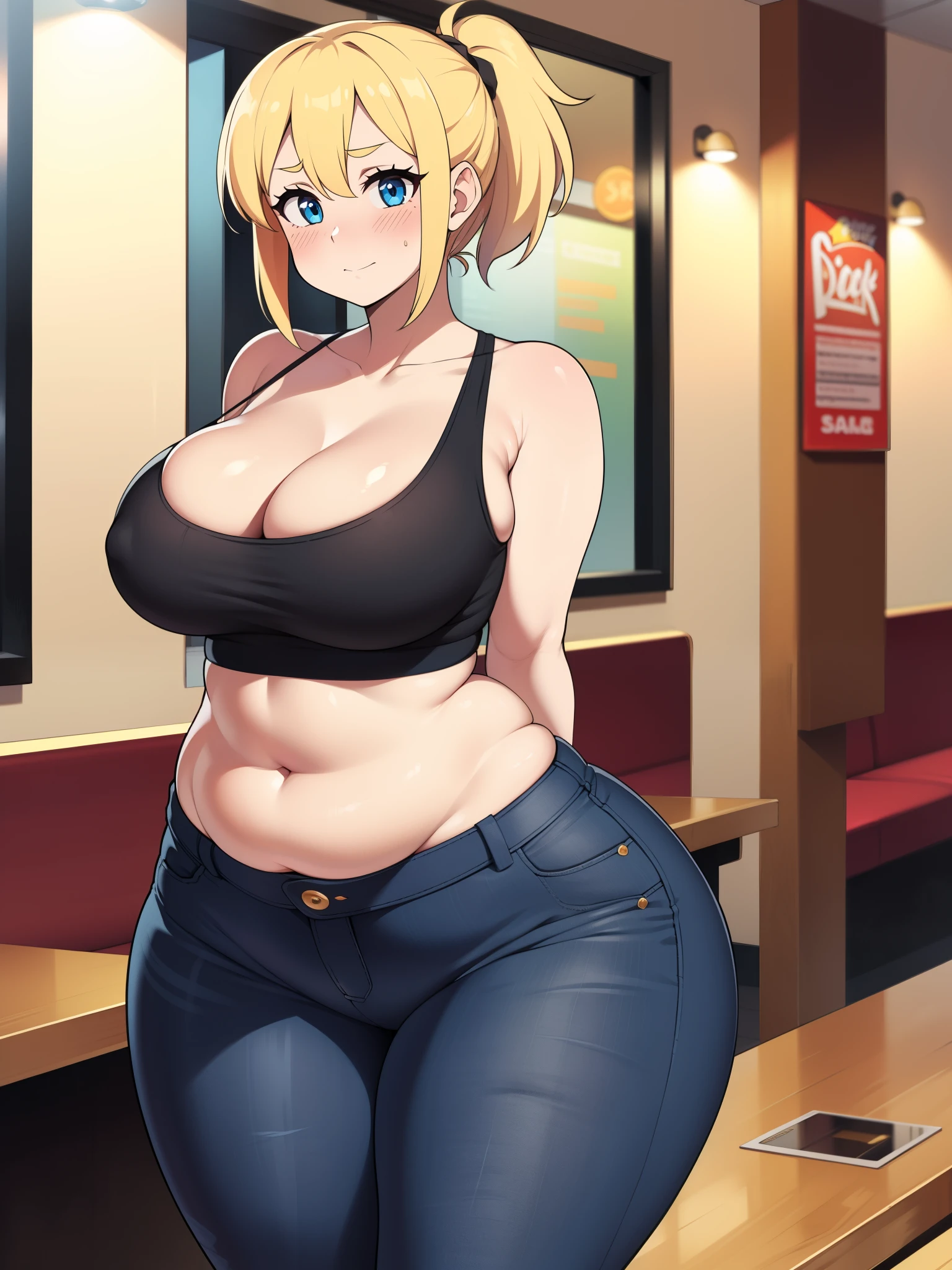 ((Masterpiece)), perfect anatomy, perfect shading, field of depth, (best quality), extremely delicate and beautiful, perfect lighting, detailed face, ultra cute face, cute, ((1girl)), ((solo))
short fluffy blonde hair, ponytail, blue eyes, ((blush)), nervous, looking at viewer, crop top, jeans, cleavage, large breasts, ((thick thighs)), (wide hips), chubby, chubby belly,
intricate background, detailed background, fast food restaurant, arms behind back,