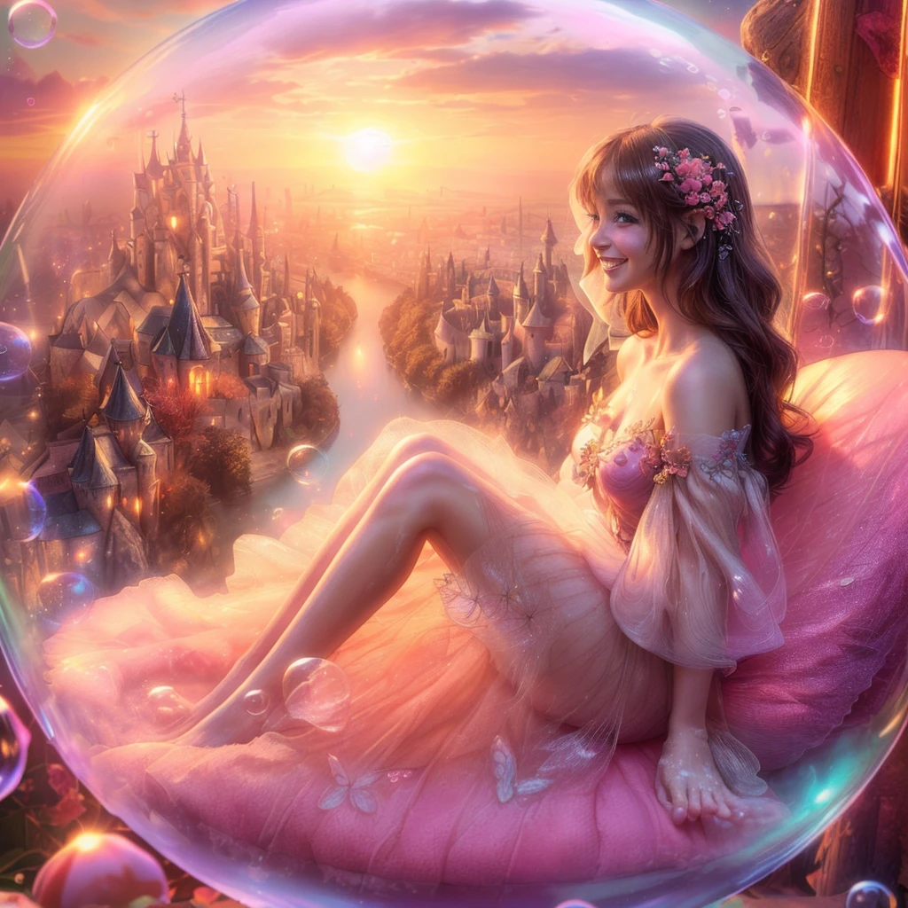 (cropped profile photo), ((1 beautiful young woman inside a soap bubble: 1.5)), sitting on a pink pillow, ((flying through a beautiful and magical fairy tale city: 1.4)), (hyper detailed : 1.3), ((clothes delicate dress with flower decorations: 1.4)), ((sunset background below a beautiful fairy tale landscape: 1.3)), ((Imaginative scene)), ((Perfect faces and bodies, meticulously detailed: 1.3)), ((far shot: 1.4)),((best quality)), ((masterpiece)), 3D, (((sunset:1.2))), (photorealistic:1.4), ((front camera)), (smiling happily, with her hands resting inside the soap bubble, surprised by the beautiful fairy city:1.4), ((Movie lighting: 1.2)), 32k.