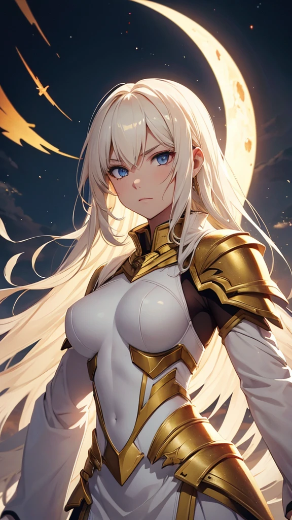 White beautiful angel. Blonde. Gold armor. Blood. Holy war. Sky. Eclipse. Angry. Flying. Gorgeous.