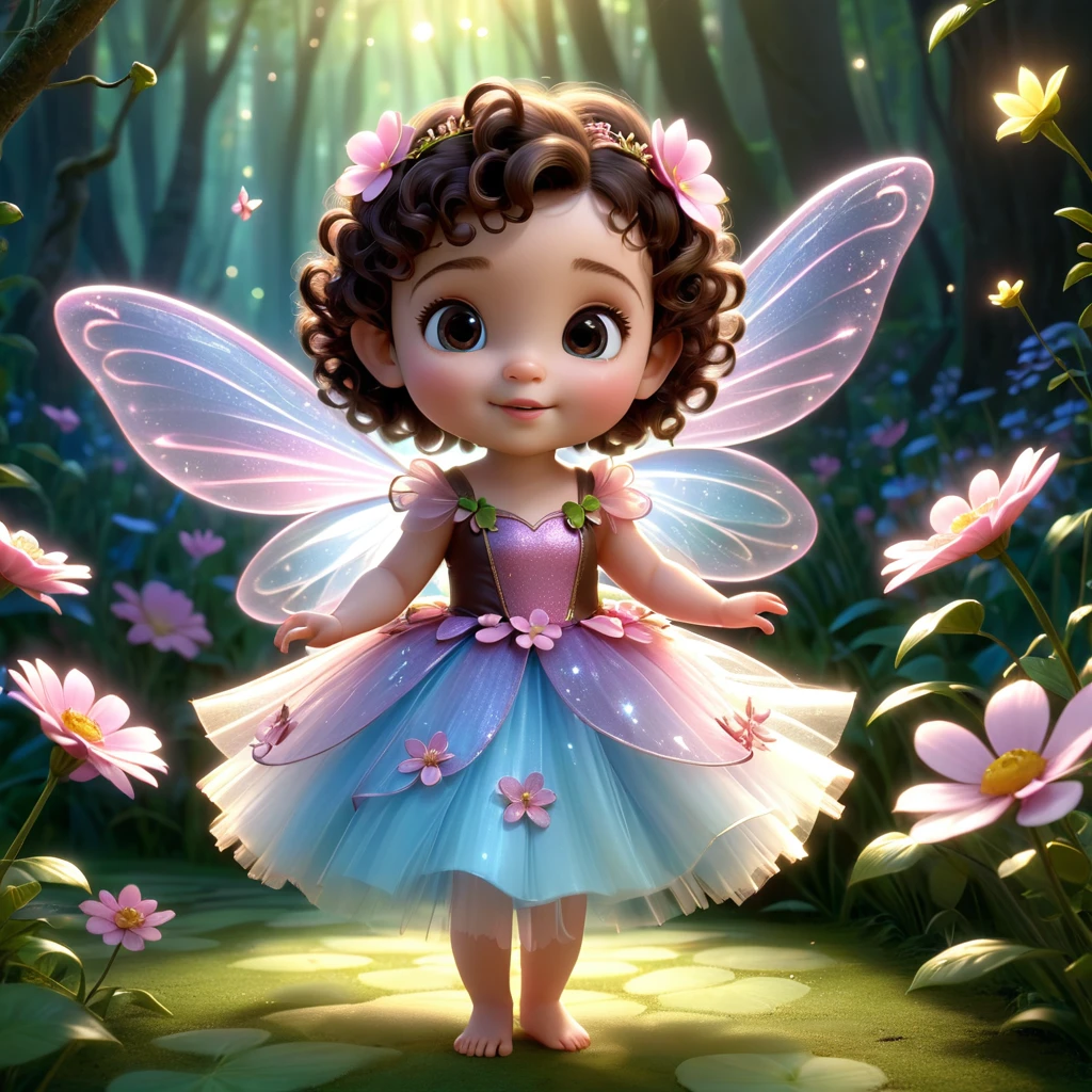 a baby fairy pixar 3d the fairy is a one year old baby fairy has fair skin brown eyes and dark brown curly hair, with well defined curls, short hair decorated with flowers, She is wearing a decorated pink tulle fairy dress with flowers, its wings are translucent pink and blue. The fairy is in a beautiful forest lit by sunlight and appears full body, with magical fairy dust.