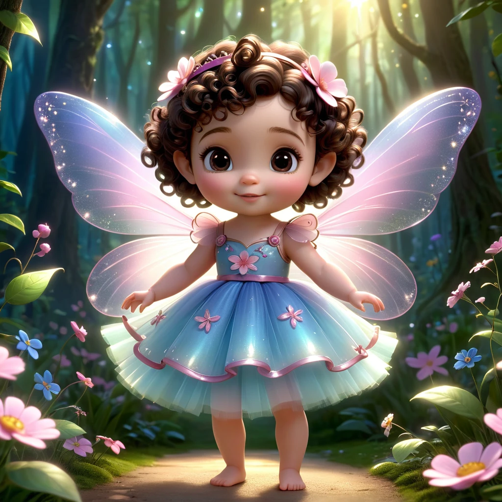 a  fairy pixar 3d the fairy is a one ry has fair skin brown eyes and dark brown curly hair, with well defined curls, short hair decorated with flowers, She is wearing a decorated pink tulle fairy dress with flowers, its wings are translucent pink and blue. The fairy is in a beautiful forest lit by sunlight and appears full body, with magical fairy dust.