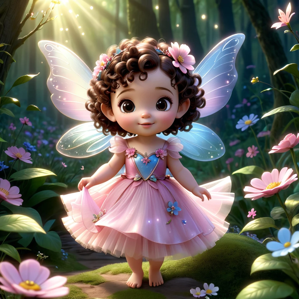 a baby fairy pixar 3d the fairy is a one year old baby fairy has fair skin brown eyes and dark brown curly hair, with well defined curls, short hair decorated with flowers, She is wearing a decorated pink tulle fairy dress with flowers, its wings are translucent pink and blue. The fairy is in a beautiful forest lit by sunlight and appears full body, with magical fairy dust.