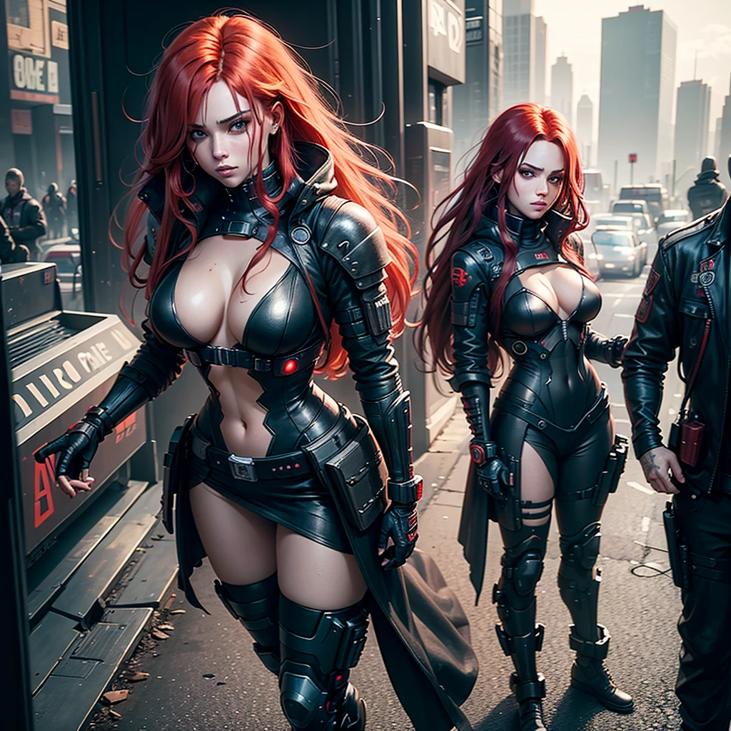 "Fantastic cyberpunk post-apocalyptic style. Beautiful cyborg girl with long red hair, dressed in a black android suit with a cleavage and small red details, stands vertically in front of the camera. Her hands are behind her back. The girl's face is sweet and kind, She looks into the lens with a playful, with a slightly flirtatious look and a slight smile. Dark night city background, with red flashes, creating an atmosphere of slight sadness. Shooting angle from below, almost from ground level. Primary colors - black and red."