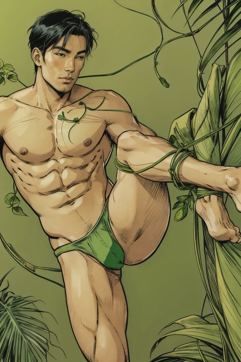 anime handsome asian man, half-naked wearing green bikini underwear, grass vine twining around his body, his body getting tied up by green vine that twining around his body, full body portait head to feet, he really showing off his full body from head to feet, comic artstyle 2D.