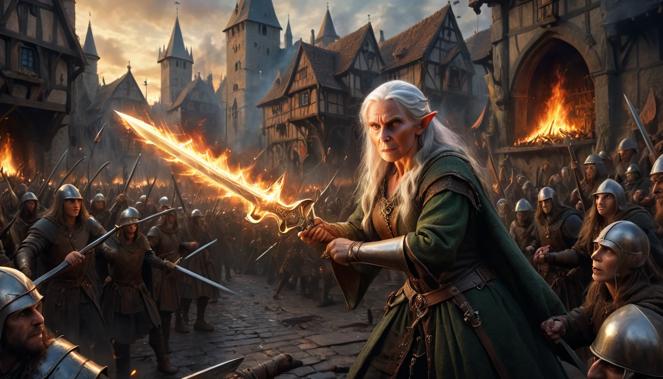 Highly detailed, UHD, 32k, medieval fantasy, heavy metal magazine cover, oil on canvas. Multiple subjects. Medieval cinematic War scene. An elderly elf lady fighting a human army, she is trading sword blows with a burly human with a silver sword. The scenery is a human town in flames. 