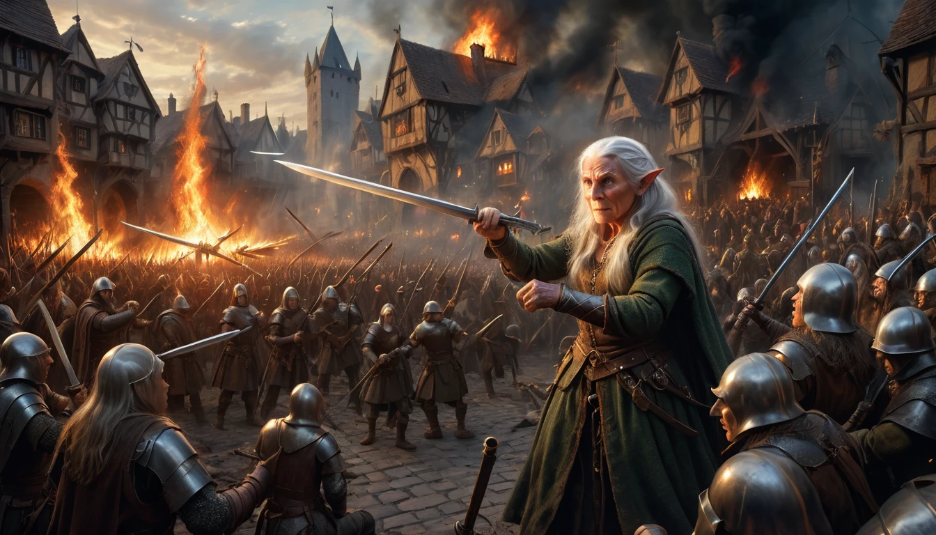 Highly detailed, UHD, 32k, medieval fantasy, heavy metal magazine cover, oil on canvas. Multiple subjects. Medieval cinematic War scene. An elderly elf lady fighting a human army, she is trading sword blows with a burly human with a silver sword. The scenery is a human town in flames. 