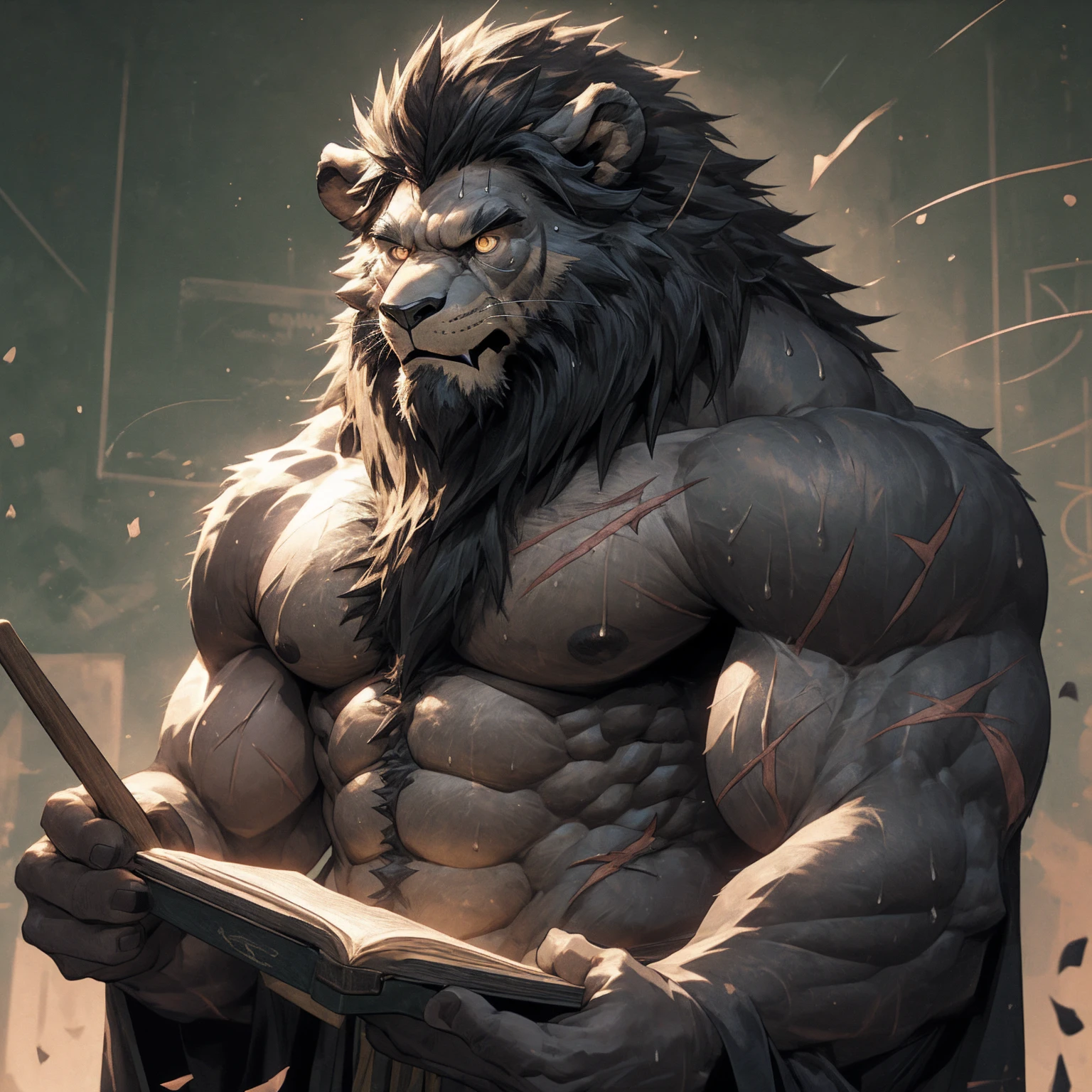 Sweating, muscular, Topless, The background is a spectacular magic school classroom, Harry Potter Teacher, magician, hairy, Anthropomorphic chest hair, Serious expression（scars in the face） Mature （Golden Eyes）Huge muscular ripped abs wild，Black lion, A bully with tribal ambitions