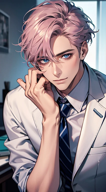 (Highest quality,4K,8K,High resolution,masterpiece:1.2),Super detailed,(Realistic,photoRealistic,photo-Realistic:1.37),1 person,31 years old,Mature Men,Beautiful skin、very handsome,Expressionless,smile,Short gray pink hair,blue eyes,Sharp Eyes,A perfect face without a doubt,Businessman,Office Background,Cinema Lighting,HDR image,tie、
