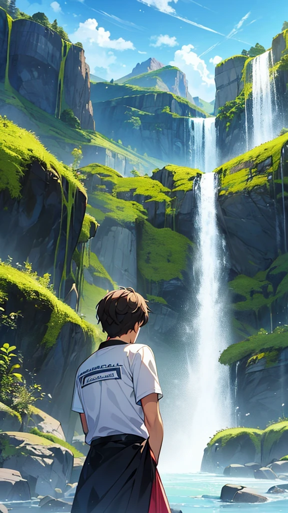 A man the name is Sagar his small sister architha, his small sister celebrating brother's birthday by cutting cake, the background is in the Nature full of waterfall, they warning teashirts print brother name is Sagar sister name is Architha, upon the cake write happy birthday Sagar 
