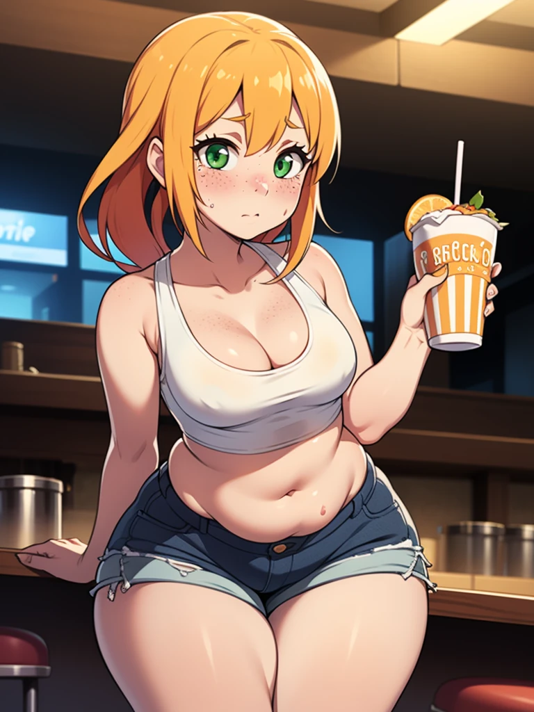 ((Masterpiece)), perfect anatomy, perfect shading, field of depth, (best quality), extremely delicate and beautiful, perfect lighting, detailed face, ultra cute face, cute, ((1girl)), ((solo))
long fluffy orange hair, green eyes, freckles, ((blush)), nervous, looking at viewer, crop top, shorts, cleavage, small breasts, (((thick thighs))), ((wide hips)), chubby,
intricate background, detailed background, fast food restaurant, holding drink,