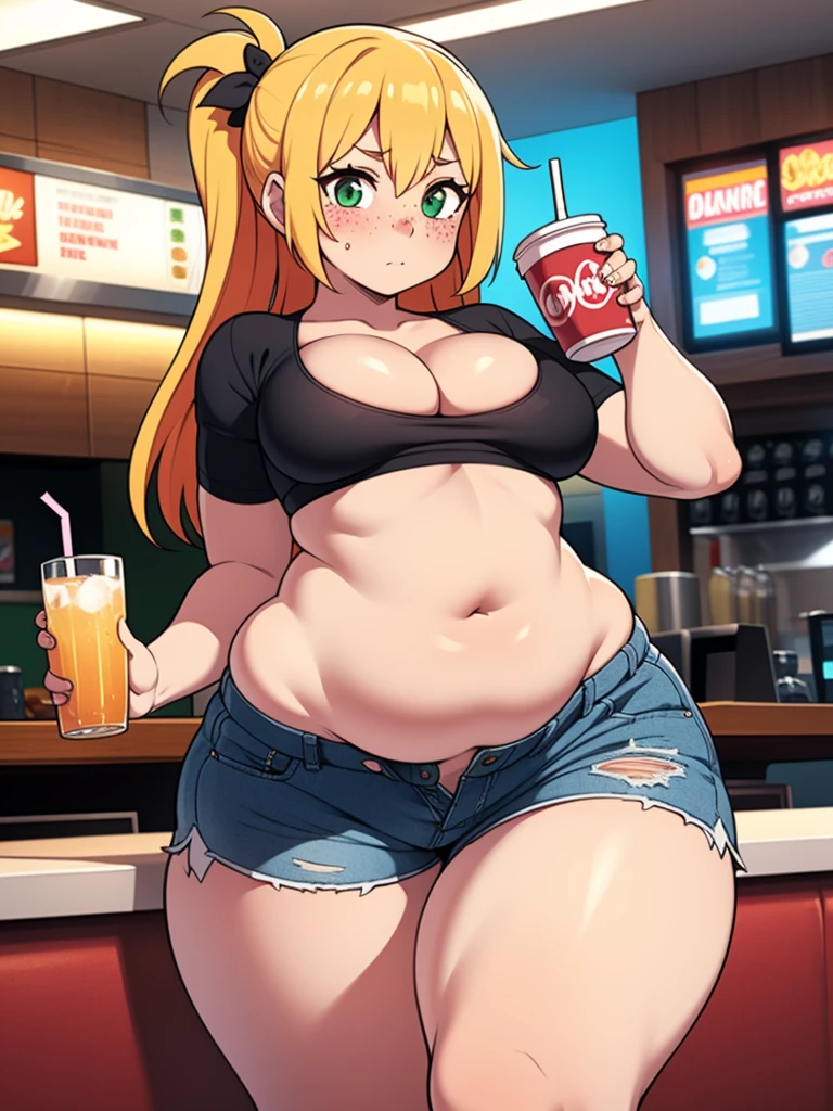 ((Masterpiece)), perfect anatomy, perfect shading, field of depth, (best quality), extremely delicate and beautiful, perfect lighting, detailed face, ultra cute face, cute, ((1girl)), ((solo))
long fluffy orange hair, green eyes, freckles, ((blush)), nervous, looking at viewer, crop top, shorts, cleavage, small breasts, (((thick thighs))), ((wide hips)), chubby,
intricate background, detailed background, fast food restaurant, holding drink,