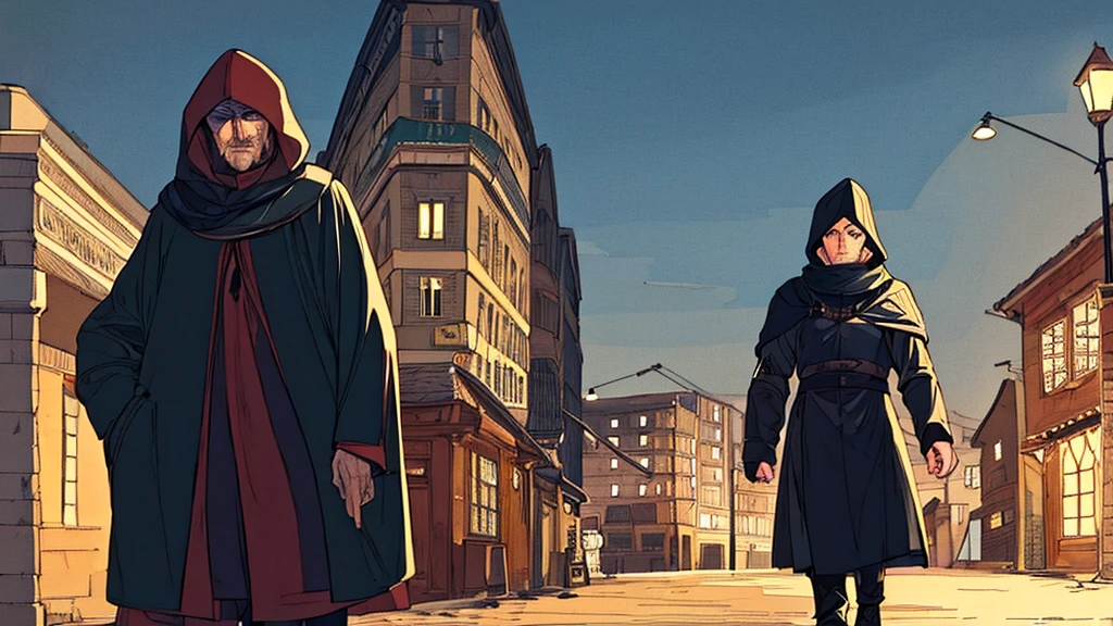 man of average height, warm in dark clothes and hood walking through a city at night in the old medieval age