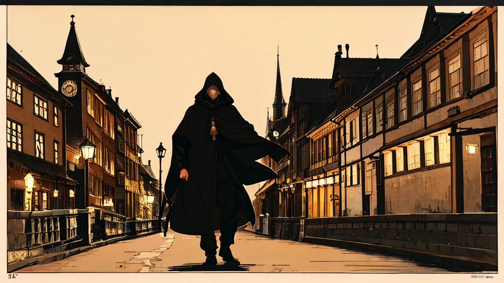 man of average height, warm in dark clothes and hood walking through a city at night in the old medieval age
