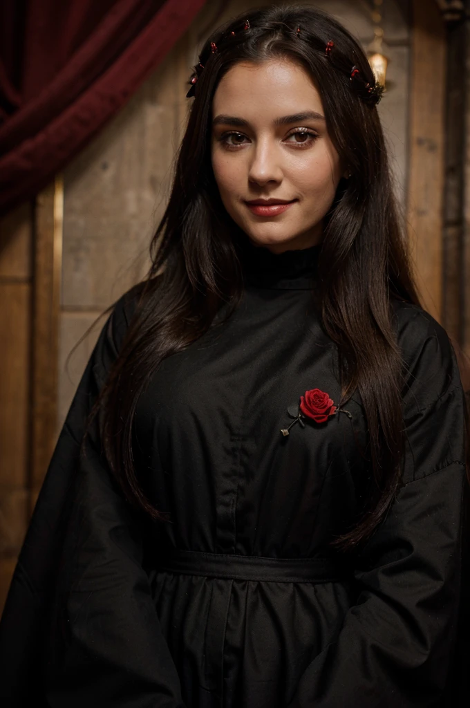 create a 32 year old medieval queen, wearing black and red clothes, sweet smile, pretty, long dark brown hair, eyes black, symbol of a rose on your clothes