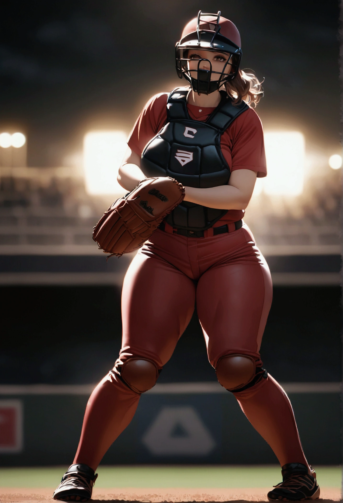 Female baseball catcher, huge breasts, BIG ASS, Baseball catcher's mask, detailed Catcher's mitt, detailed (Catcher's body protector:1.3), knee pad, leg protector, Catching posture, (detailed cameltoe:0.5), full body shot from front, baseball diamond background, cinematic lighting, masterpiece, accurate, anatomically correct, textured skin, high details, high quality, best quality, 