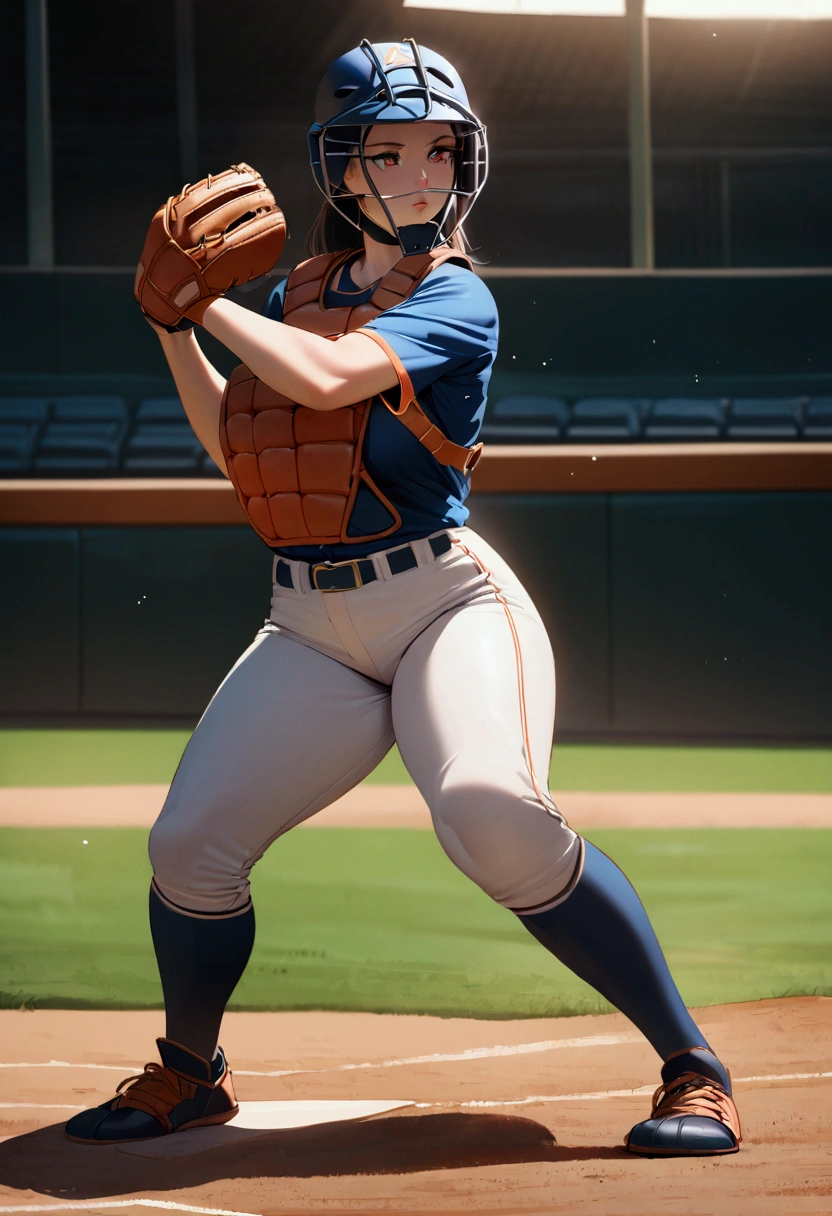 Female baseball catcher, huge breasts, BIG ASS, Baseball catcher's mask, detailed Catcher's mitt, detailed (Catcher's body protector:1.3), knee pad, leg protector, Catching posture, (detailed cameltoe:0.5), full body shot from front, baseball diamond background, cinematic lighting, masterpiece, accurate, anatomically correct, textured skin, high details, high quality, best quality, 