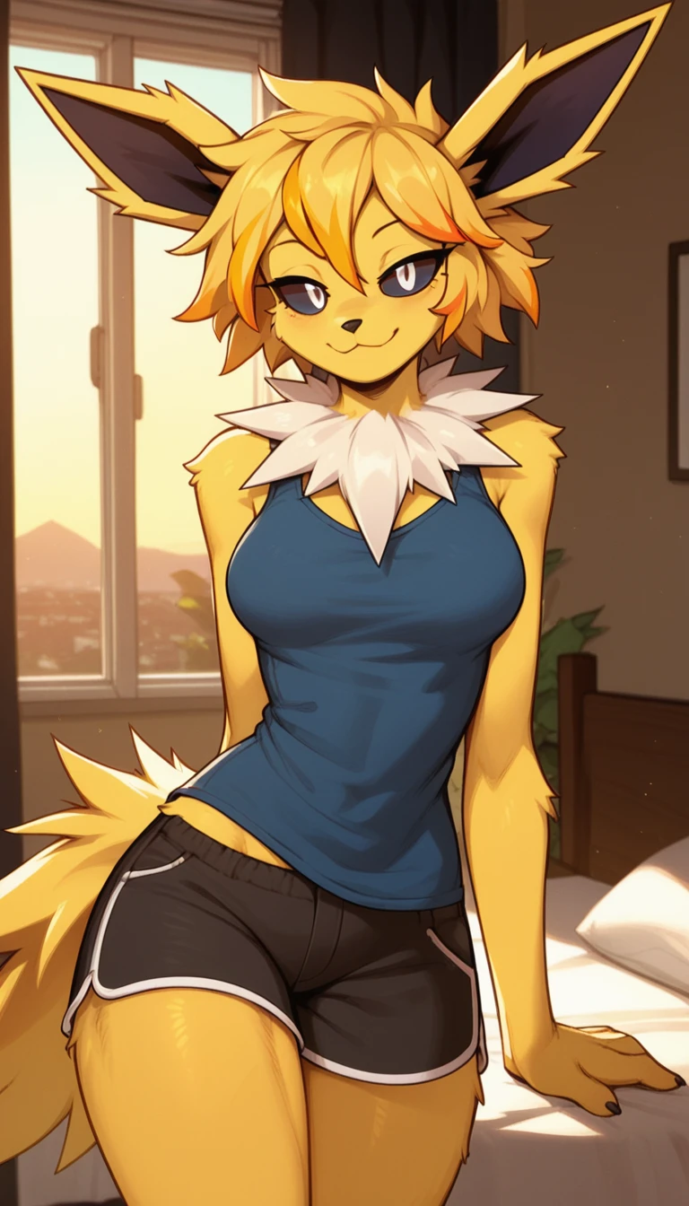 Seductive expression, 1girl, anthro, furry, fur, fluffy fur, jolteon girl, white neck tuft, yellow hair (Orange highlights), black sclera, white eyes, short hair, Messy hair, (19 years), medium breast, thicc thighs, solo, (bedroom), sunset, detailed, smug smile, blue sleeveless shirt, black shorts, half-closed eyes, score_9, score_8_up, score_7_up, score_6_up, score_5_up, score_4_up