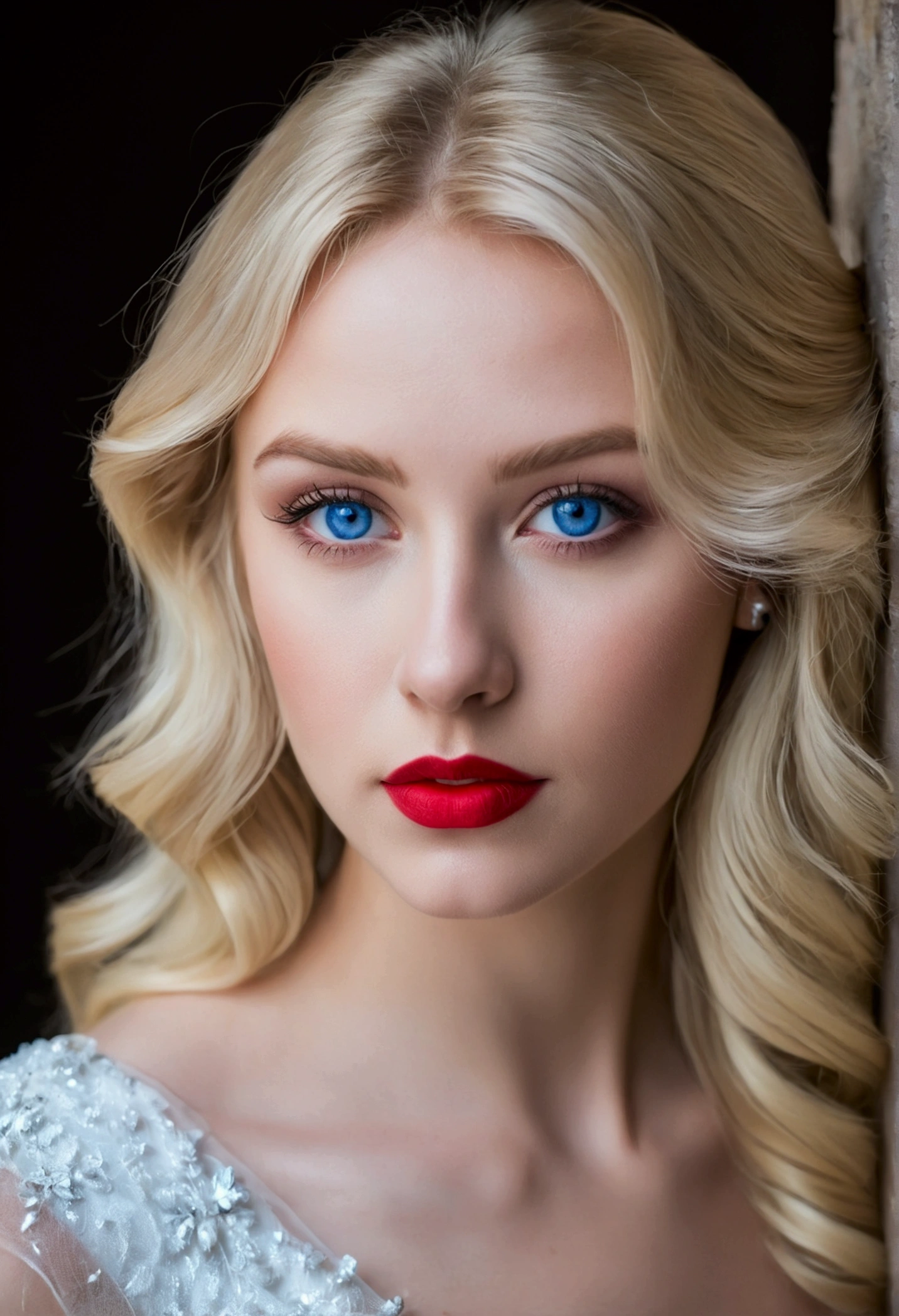 A beautiful 23 years old blonde girl with blue eyes red lips wearing a beautiful white dress.
