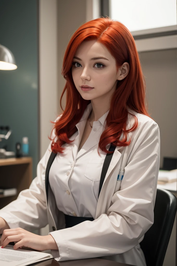 A woman with red hair in a scientist's outfit in a laboratory