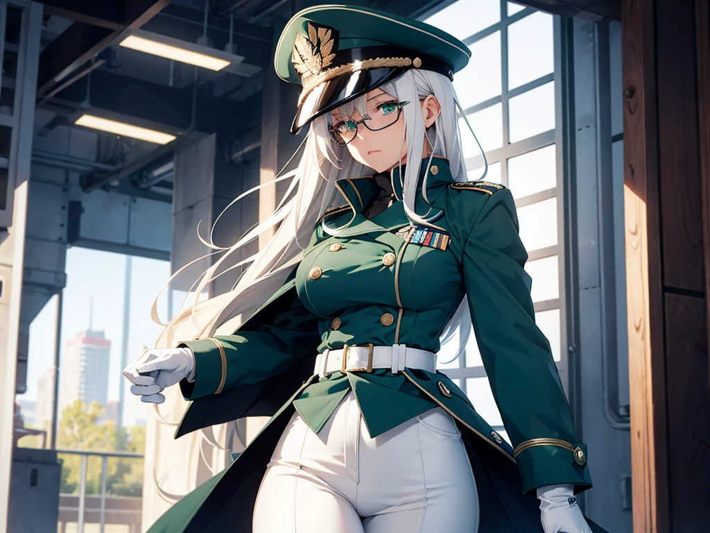masterpiece, best quality, beautiful girl, white hair with green color inner, green eyes color, blue military uniform, mature_female, eyes glasses , white gloves, anime, blue military hat, very_long_hair, perfect body, red ribbon, commander, science_fiction, black knee-high boots, white pants, cowboy_shot , large_breasts, ultra-detailed, high quality, modern military uniform, sci-fi, dark blue Trench Coat, 1girl, 4k, military base ,perfect hands, POV