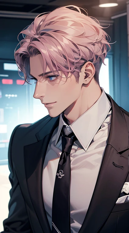 (Highest quality,4K,8K,High resolution,masterpiece:1.2),Super detailed,(Realistic,photoRealistic,photo-Realistic:1.37),1 person,31 years old,Mature Men,Beautiful skin、Profile、very handsome,Expressionless,smile,Short gray pink hair,blue eyes,Sharp Eyes,A perfect face without a doubt,Businessman,Office Background,Cinema Lighting,HDR image,tie、