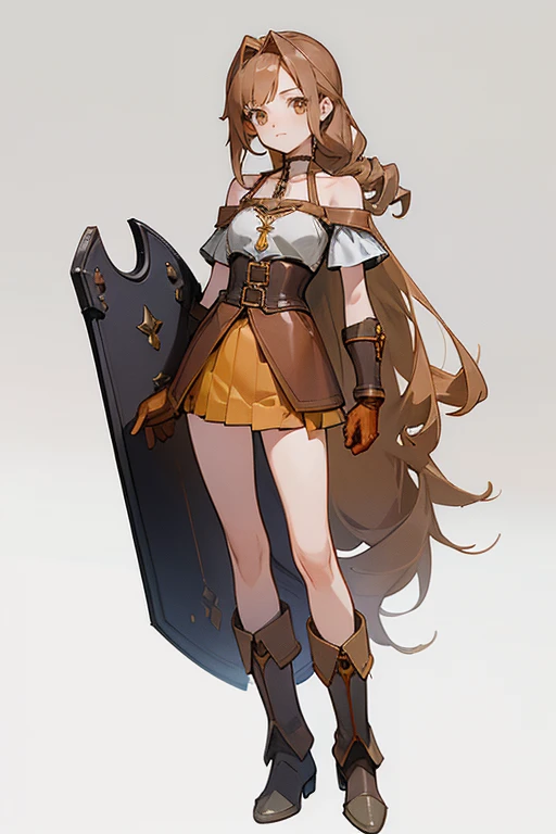 ((1 masterpiece, high resolution, best quality, 4k quality)), beautiful imagen, same character, 1 girl, solo, adventurers, rapier, rpg, medium breasts, golden almond eyes, long brown hair, drill hair, hip bones, collarbone, skirt, school skirt, blouse, school blouse, ((leather armor)), leather gloves, asymmetrical gloves, leather boots, asymmetrical footwear, heeled boots, shoulder armor, ((single shoulder)), leather corsette, chest harness, open legs, full body, standing, lovely pose, simple background, gray background,