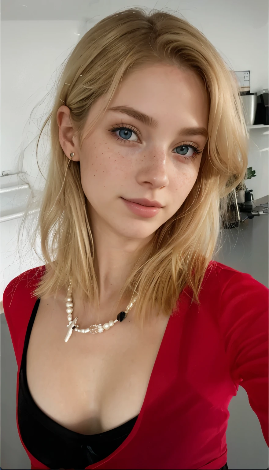 a one woman, americana, age 25, pale skin and freckles, grey-eyed, delicate nose, soft and delicate lips, distant, distant, wavy, waist-length blonde hair, Sweet smile, face with delicate feminine facial features, Highly Rendering, golden bracelet