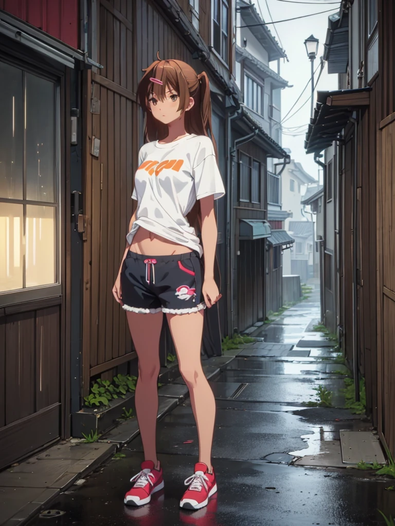 Girl, thong ,t-shirt, Bare breasts, chest visible, street background, Narrow passage between houses, night, rain, slim body, In full growth, Sneakers , small breast, Stands with his back